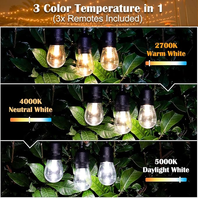 Mlambert 2 Pack Each 48FT 3-Color in 1 Solar String Lights Outdoor Dimmable Patio Lights with Remote 30+5 Waterproof LED Bulbs for Cafe Bistro Yard