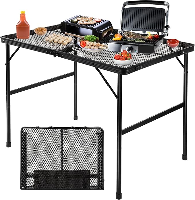 Folding Grill Table Camping Table with Mesh Desktop Lightweight 3 FT Metal Table for Outside Height Adjustable Portable Grill Tables for Camping Picnic Beach and BBQ RV