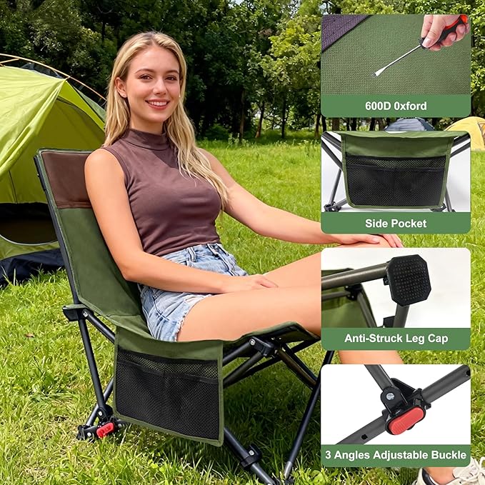 Compact Backpack Camping Chairs 2 Pack with Adjustable Backrest &amp Side Pocket Low Folding Chairs for Adults Portable Reclining Chairs for Outdoor Lawn Hiking