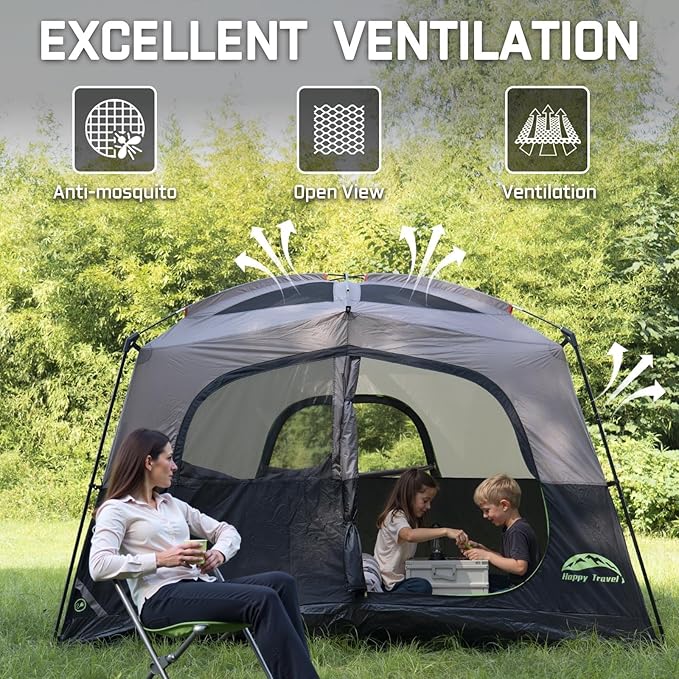 Happy Travel Tent 6 Person Tents for Camping Waterproof Easy Setup Camping Tent with Rainfly Portable Large Family Cabin Tent with 5 Large Mesh Windows and Carry Bag for Outdoor Camping &amp Hiking
