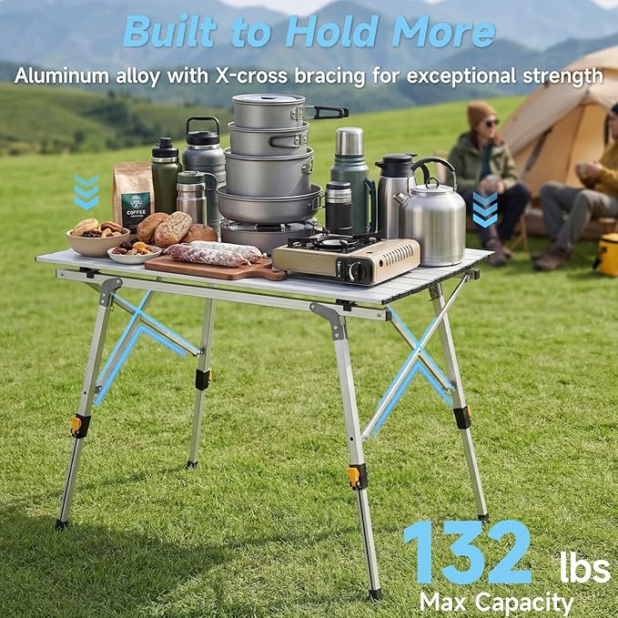Camping Table Portable Foldable with Adjustable Legs Aluminum Roll Up Table with Large Mesh Storage Layer &amp Carrying Bag Lightweight Outdoor Picnic Table for Camping Beach BBQ Backyard
