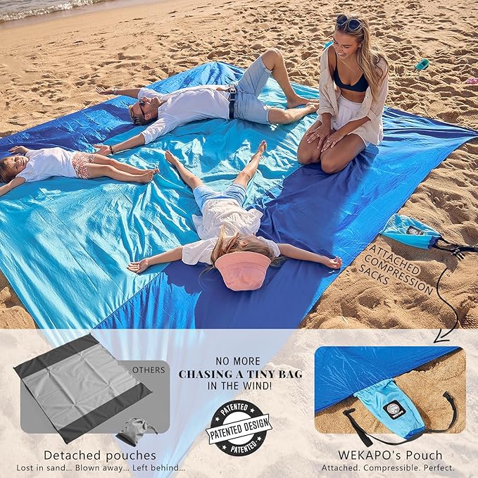 WEKAPO Beach Blanket Sandproof Waterproof Extra Large Beach Mat Oversized &amp Compact Sand Free Quick Drying Beach Essentials for Vacation Cruise Picnic &amp Camping with Stakes