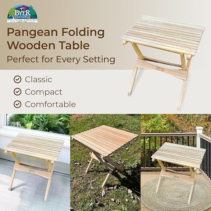 BYER OF MAINE Pangean Folding Wooden Side Table – 22 L x 20 W x 20 H Folding Ash Wood Table for Patio Porch Balcony Camping &amp Garden Use