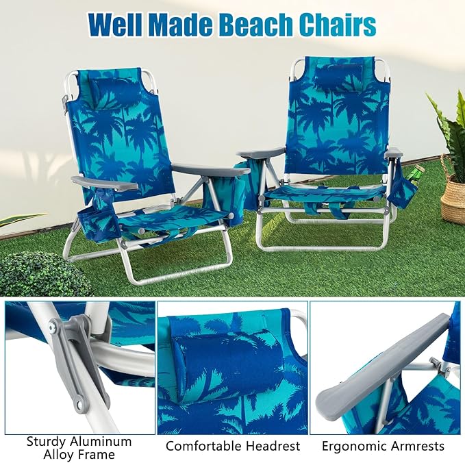 GYMAX Beach Chairs Backpack Camping Chair with Armrest Cooler Bag Cup Holder Towel Bar &amp Side Pockets Sunbath Sling Tanning Lounge Folding Layout Chair (Without Table Coconut Tree)