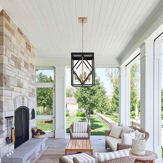 Outdoor Pendant Light for Porch 4-Light Modern Metal Exterior Hanging Lantern Pendant Light Outside Chandelier Black with Clear Glass or Front Porch Entrance Foyer Entryway Brass Socket