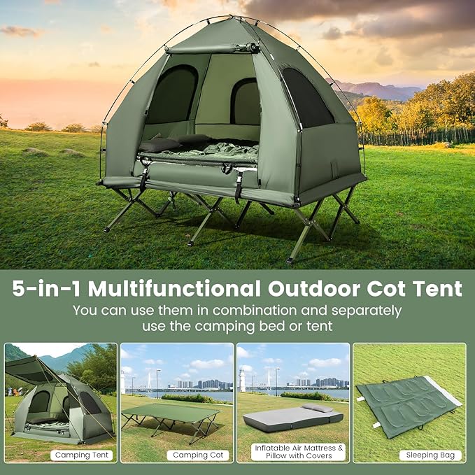 Goplus Camping Tent Cot 5-in-1 Folding Camping Bed with Air Mattress Pillow Sleeping Bag Waterproof Elevated Tent Shelter Portable Outdoor Sleeping Cot with Carry Bag for Picnic Trip
