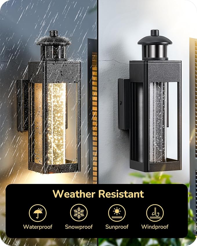 EDISHINE Motion Sensor Porch Lights Outdoor Dusk to Dawn Exterior Lighting Fixtures with Crystal Bubble Glass LED Outside Wall Sconce Lantern for Garage 1100 Lumen