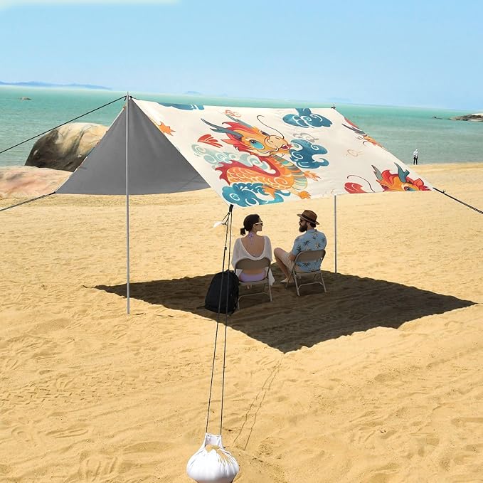 Chinese Dragon Camping Sun Shelter Beach Tent Portable Beach Sun Shade Outdoor Canopy for Camping Trips Fishing Picnic