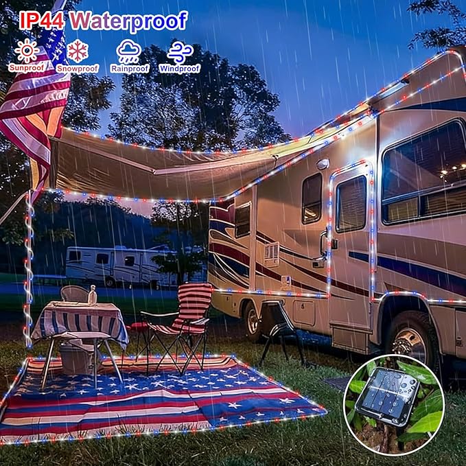QITONG Red White Blue Solar Rope Lights 2 Pack Each 33ft 100 LED 4th of July String Lights 8 Modes Fairy Lights in Clear Thin Tube for Patriotic Independence Memorial Day Decor
