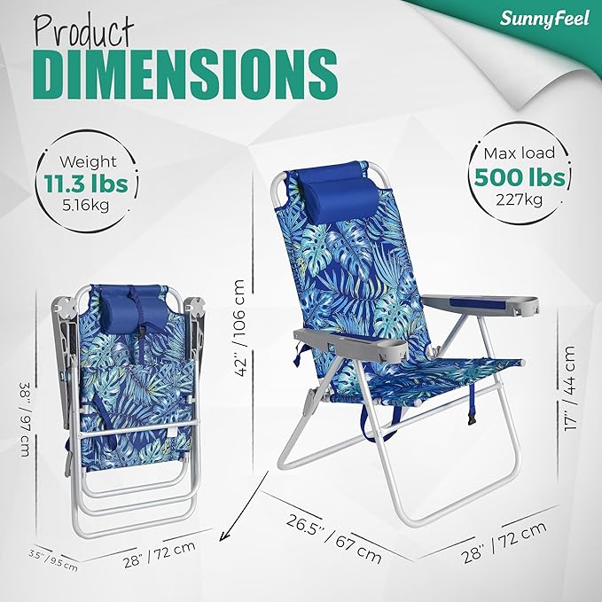 SUNNYFEEL Oversized Tall Folding Beach Chair Lightweight 17 Portable Sand Chair for Adults Heavy Duty 500 LBS with Cup Holders Foldable High Camping Lawn Chairs for Camp/Outdoor/Picnic/Sports