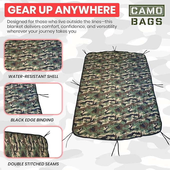 Camo Military Woobie Style Blanket- Waterproof Blankets with Adjustable Straps- 8 Pair Tie Cords military blanket with Reinforced Stitching- Ultralight RIBSTOP Travel Blanket for Camping &amp Outdoor