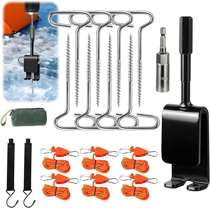 Heavy Duty Ice Anchor Drill Adapter Tool Kit 19Pcs Stainless Steel Tent Stakes Set with 13FT Ratchet Ropes Tent Hooks Canvas Bag for Ice Fishing Shelter Setup (8Pcs Tent Stakes+6Pcs Rope Roller)