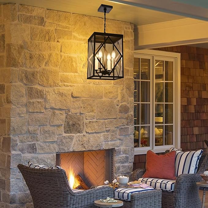 Exterior Hanging Lantern Porch Pendant Lights with Clear Glass Oil Rubbed Brozne Outdoor Pendant Light Adjustable Outside Chandelier Ceiling Mount or Front Porch Entrance Patio Foyer 4 Light
