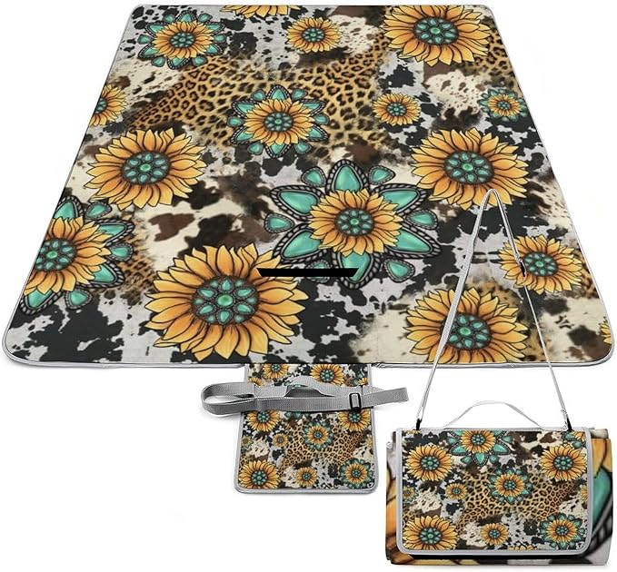 Sunflower Turquoise Cow Print Photographic Print Waterproof Outdoor Picnic Blanket Sandproof Beach Mat for Camping Hiking Grass Travelling