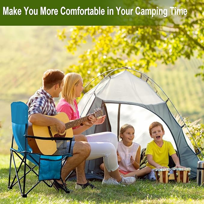 2PCS Folding Camping Collapsible Chairs Heavy Duty Lawn Chair with Cooler Bag Storage Pocket Waterproof Bag Outdoor Arm Chair Supports 225LBS Blue