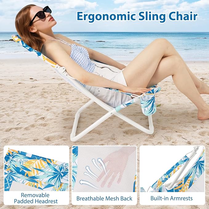 Giantex 2-Pack Folding Beach Chair Low Lawn Chairs with Padded Head Pillow Mesh Back Cup Holder and Armrests Portable Outdoor Lounge Chair for Camping Sunbathing Picnic Fishing