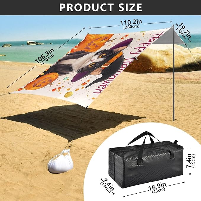 ALAZA Witch Cat Pumpkin Beach Tent Sun Shelter UPF50+ Protection Beach Shade Canopy w/ 4 Sandbags for Outdoor Camping Fishing Backyard Fun Picnic 10x9 ft