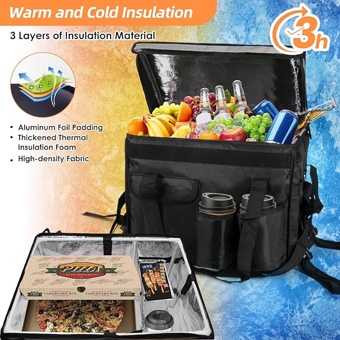 Insulated Bags for Food Delivery with Cup Holder 17.3 x 13.5 x 12.5 Support Frame &amp Hard Bottom Plate Waterproof Commercial Insulated Food Delivery Bag Drink Carriers for Doordash w/Divider