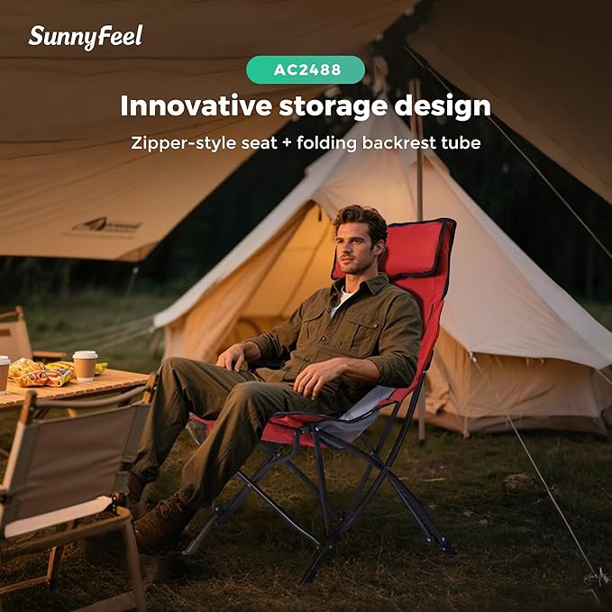 SUNNYFEEL High Red Camping Chair for Adults Lightweight Camping Chair Support 250 lbs Heavy Duty Compact Folding Chair Design Portable &amp Collapsible Camping Chairs for Outdoor Camp Beach Pic