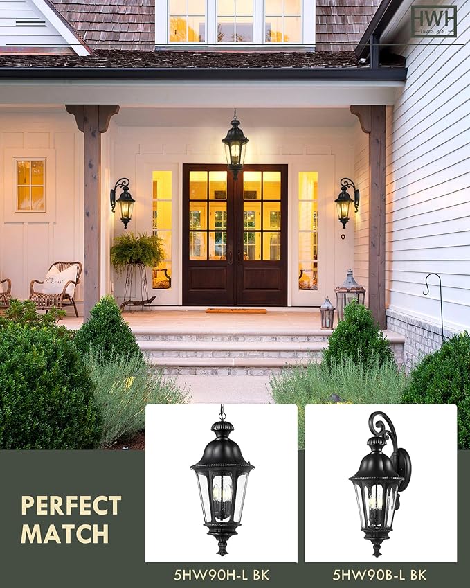 Outdoor Pendant Lights for Porch HWH 26'' Large Exterior Hanging Light Fixtures with Seeded Glass Outdoor Hanging Chandelier for Porch Patio Gazebo Hallway Matte Black Finish 5HW90H-L BK
