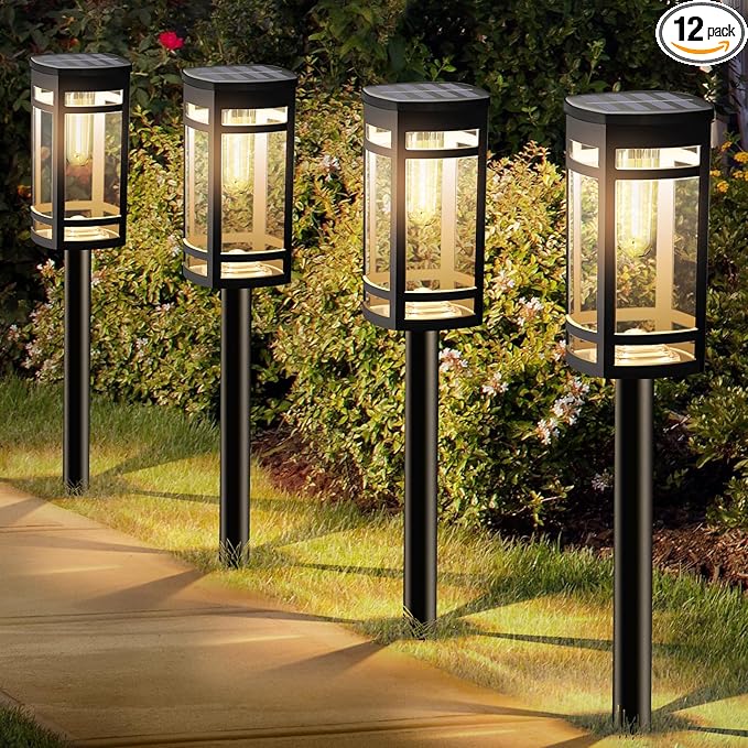 EXCMARK 12 Pack Solar Lights Outdoor Waterproof for Garden Pathway Walkway Driveway Yard Lawn Decorative Landscape Lighting. (Warm White Light 12)