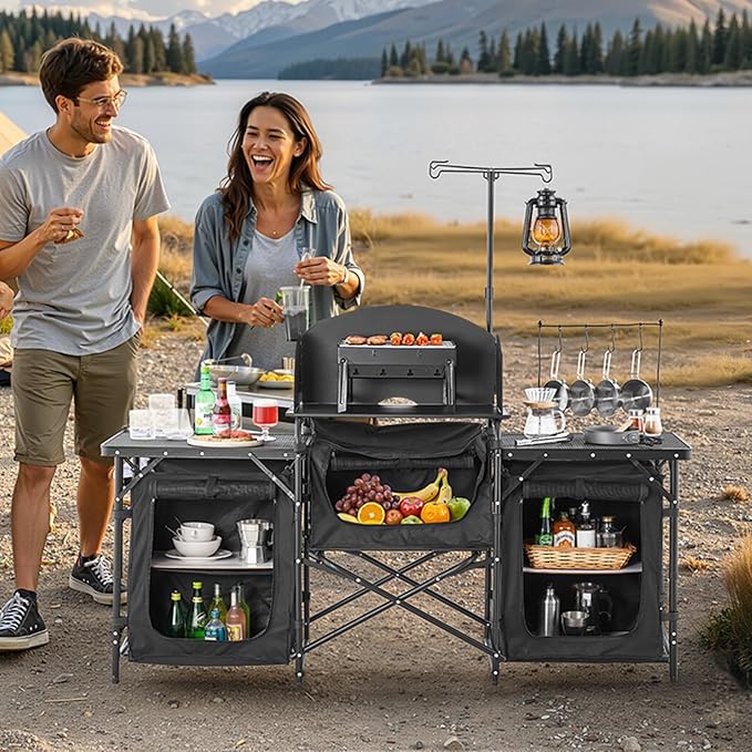 VEVOR Camping Kitchen Table Outdoor Camp Cooking Table Aluminum Portable Cook Station with 3 Storage Cupboard Carrying Bag Detachable Windscreen Quick Set-up for BBQ Party Picnic RV Travel Black