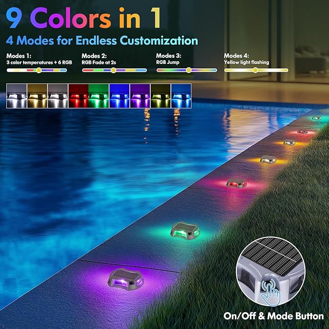 Bosceos Solar Driveway Lights Outdoor 4-Pack Solar Deck Lights RGB Color Modes Dock Light Waterproof Driveway Markers Step Light for Sidewalk Stair Garden Pathway Walkway Yard