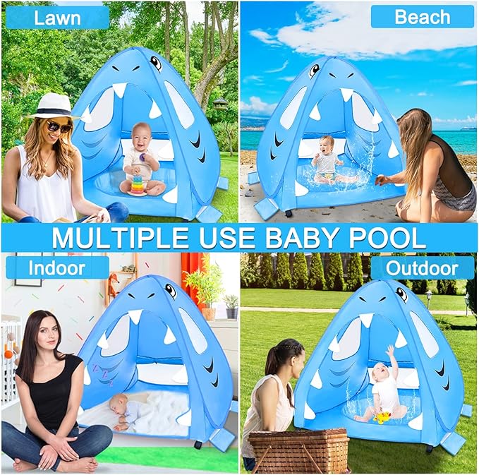 [ Extra High ] Shark Baby Beach Tent with Pool Pop Up Kiddie Pool Tents Baby Beach Essentials UPF 50+ UV Protection 4 Sand Pockets 3 Mesh Windows Sun Beach Shade Tent for Toddler Aged 3-60 Months