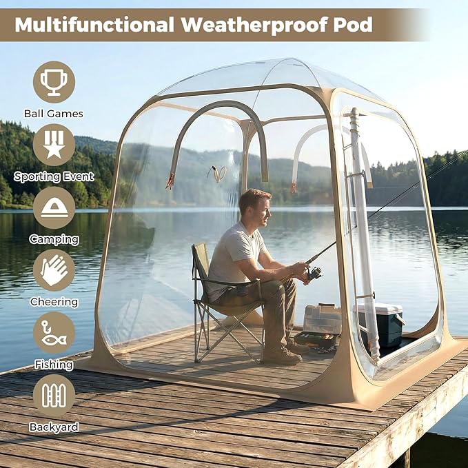 Tangkula All Weather Sports Tent for 2-4 People 7x7 Ft Pop Up Outdoor Clear Bubble Tent with Waterproof Tarp Floor Stakes Wind Ropes Sandbags Carrying Bag for Sports Fishing Camping Cheering