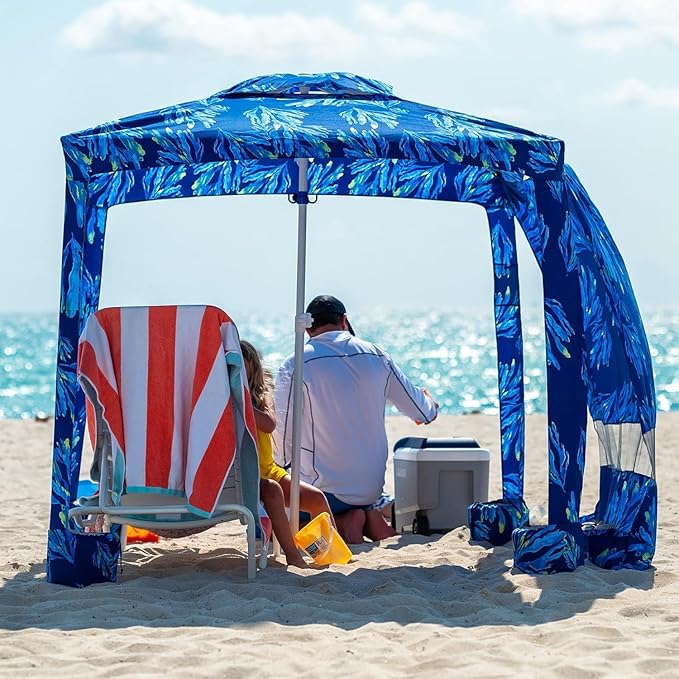AMMSUN Beach Cabana 6.2'×6.2' Beach Canopy Easy Set up and Take Down Cabana Tent with Sand Pockets Instant Sun Shade with Side Wall Coral Tropical