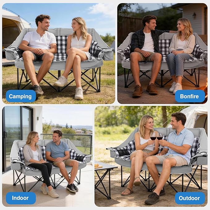 Suteck Double Camping Chair Oversized Padded Camping Couch w/Independent Seats 1200D Oxford Folding Camping Loveseat w/2 Cup &amp Wine Glass Holders Cooler Bags &amp Side Pocket for Camping Lawn