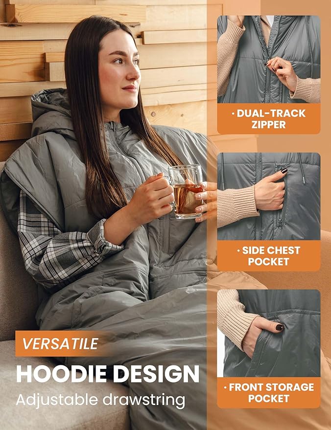 Adult Wearable Sleeping Bag with Hoodie Sleeveless Design Adjustable Drawstring Waterproof Wearable Sleeping Bag Ideal for Camping Cold Weather