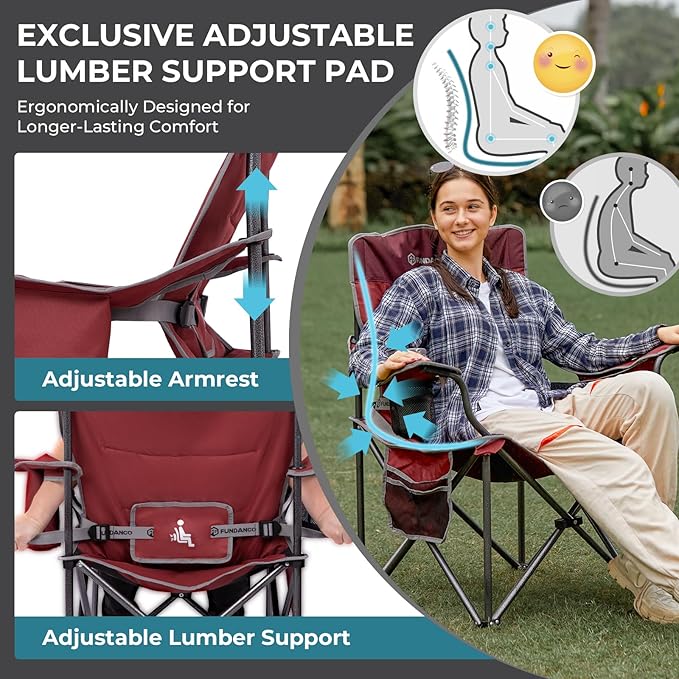 FUNDANGO Oversized Camping Chairs for Adults Heavy Duty Fold Up Sports Games Lawn Chairs Extra Wide Big Man Outdoor Chairs with Padded Lumbar Support Backrest Bag Included for Camp Beach 2 Pack
