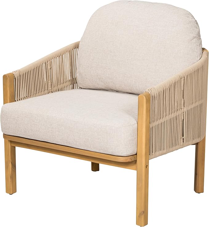Outdoor Wood Club Chair Beige Rope with Beige Cushion