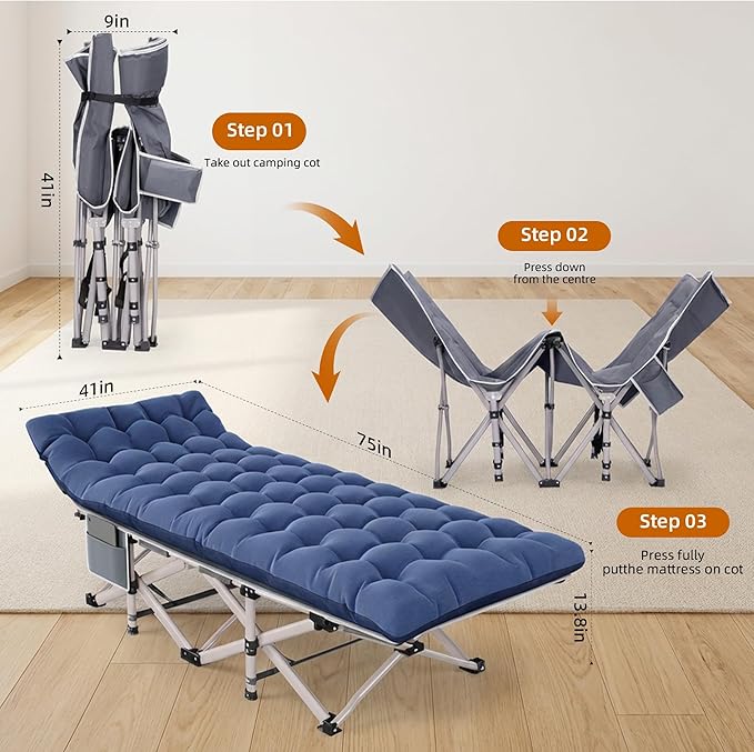Camping Cot for Adults 2 Pack Heavy Duty Folding Sleeping Cots with Carry Bag Portable Camp Bed with Double Layer 1200D Oxford Fabric &amp Mattress Travel Cot for Camping Beach Patio Home Offic