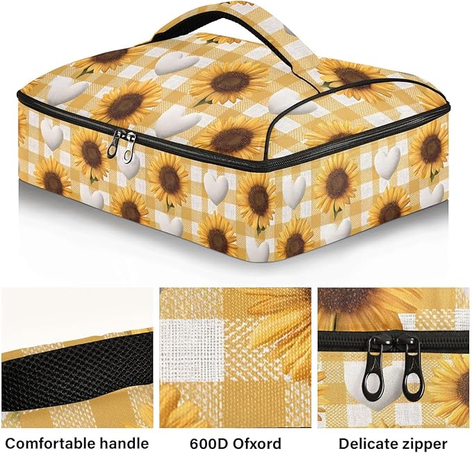 Casserole Carrier Cute Sunflower and HeartInsulated Casserole Carrier for Hot or Cold Food Thermal Lunch Tote for Potluck Parties Picnic Beach Fits 9 x 13 Inches Baking Dish