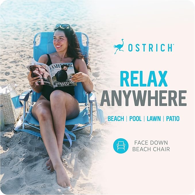 Ostrich The Deluxe Backpacker Portable Beach Chair with Cooler Bag Carry Straps Umbrella Carry System Cup Holder &amp 275lb Capacity Light Blue