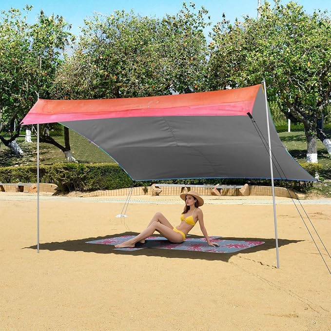 Rainbow Watercolor Stripes Beach Tent Sun Shelter 9.2' x 10.5' Beach Canopy with 4 Sandbags 4 Stability Poles Sand Shovels - Tent Canopy for Beach Camping Fishing Picnics