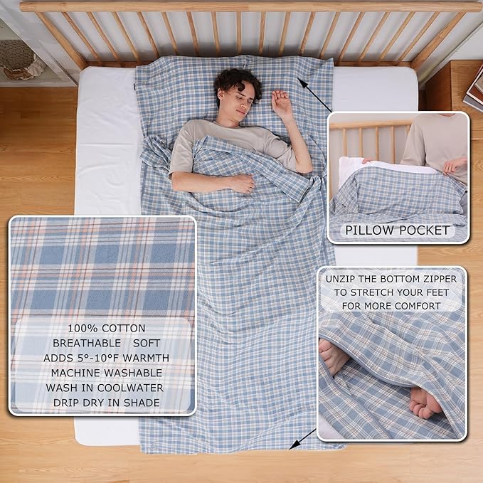 100% Cotton Sleeping Bag Liner with Full Length Zipper on 3 Sides Single/Double Adult Sleep Sack for Travel &amp Camping Multifunctional Travel Sheets (Unzipped 87”x87”) for Hotel Lightweight