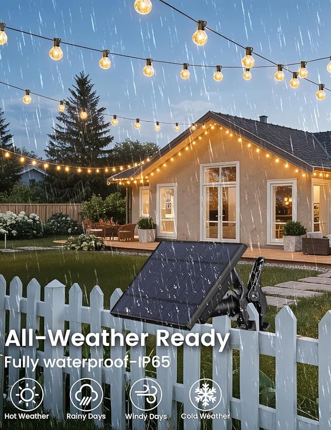 Brightever 120FT Solar String Lights Outdoor with Remote Waterproof Dimmable 3 Modes Outdoor Lights with 50+2 LED Shatterproof G40 Bulbs Solar Power Patio Lights for Outside Wedding Party Decor