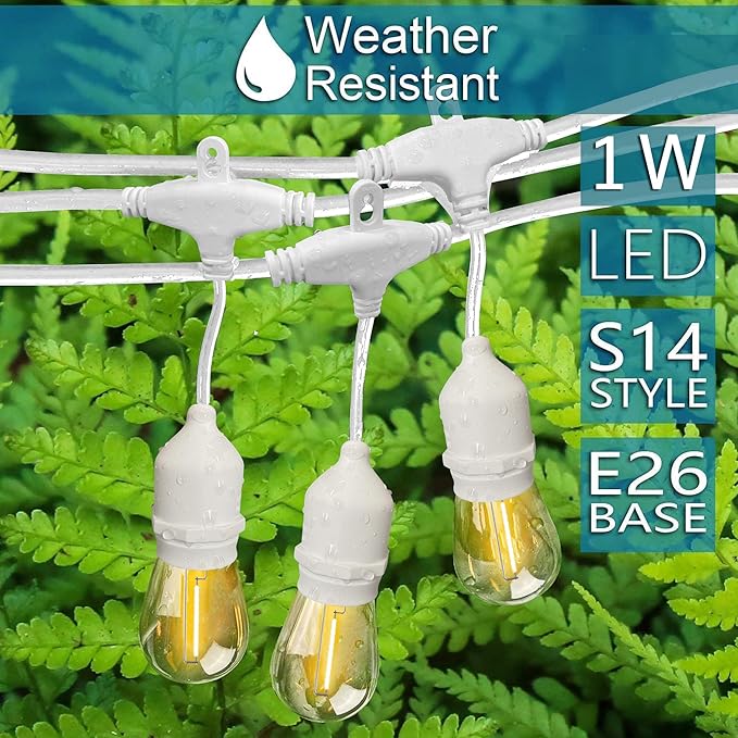Banord White Outdoor String Lights Commercial Grade Patio Lights with 30 1W S14 Dimmable Shatterproof LED Bulbs Heavy Duty Hanging Lights for Outdoor Waterproof String Lights 96ft (2x48ft)