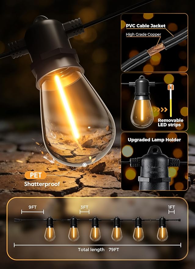 Minetom 79FT Solar String Lights Outdoor Waterproof 24 LED S14 Shatterproof Bulb Patio Lights with Remote Type-C Port Timable 3 Light Modes Dimmable Solar String Lights for Outside Yard Camping