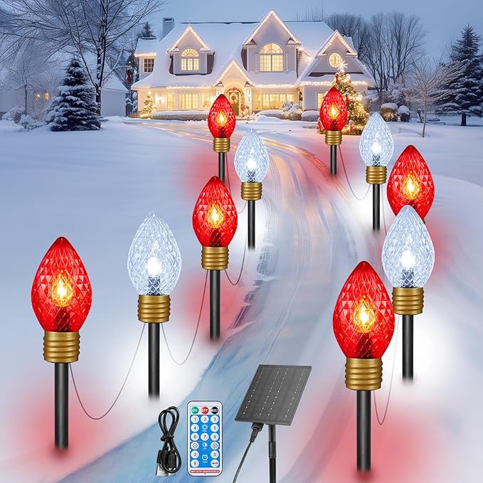 Brightown Solar Strawberry Jumbo Christmas Lights Outdoor - 18FT 10 LED Jumbo C9 Christmas Pathway Lights with Timer8 Modes Solar Christma Outdoor Decorations for Lawn Outside Red &amp Pure White