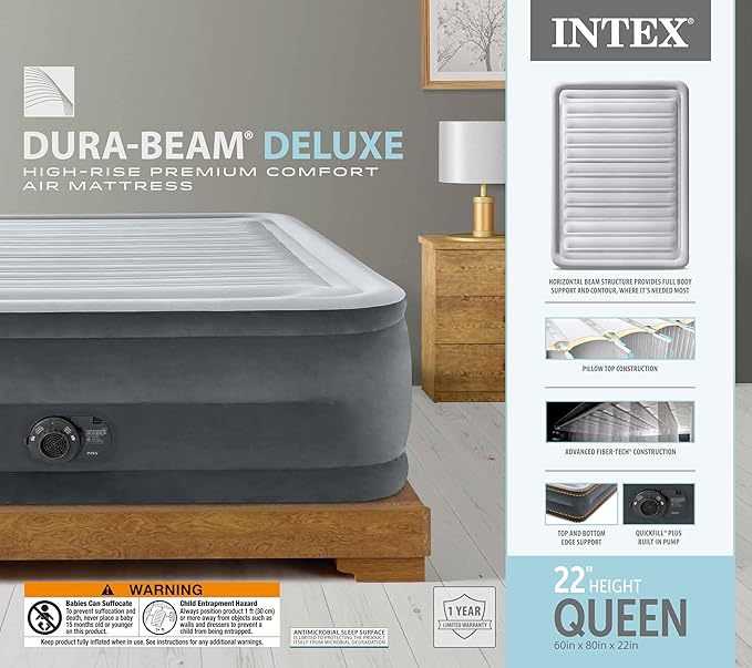 Intex 64417ED 22in Queen Dura-Beam Comfort Plush High-Rise Inflatable Air Mattress with Built in Pump for Travel and Camping 600lb Weight Capacity