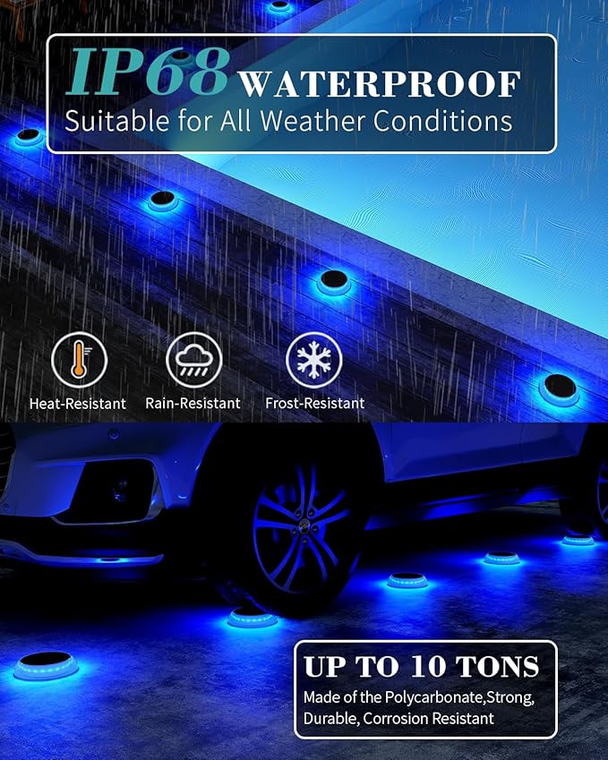 6 Packs Solar Driveway Lights Blue Dock Deck Lights Solar Powered Outdoor IP68 Waterproof Stick on Light for Step Stair Driveway Pool Pathway Walkway Patio
