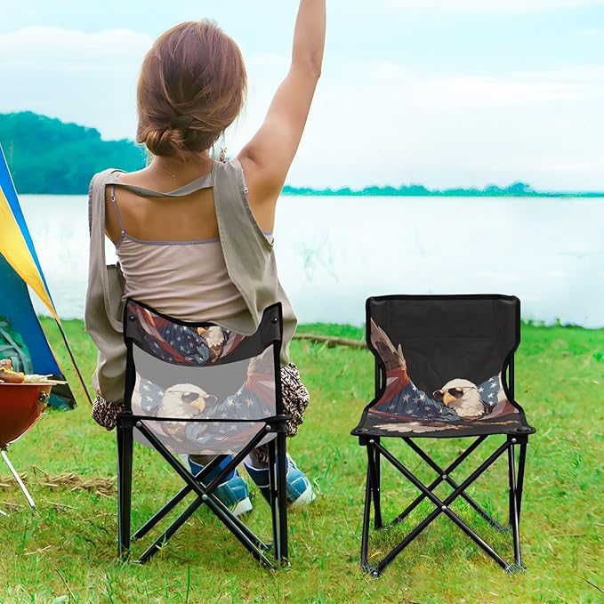 4th of July Independence Day Brown Bird Portable Camp Chairs for Adults Heavy Duty Ultralight Portable Chair Carry Bag Included Outdoor Chairs for Ice Fishing Camping