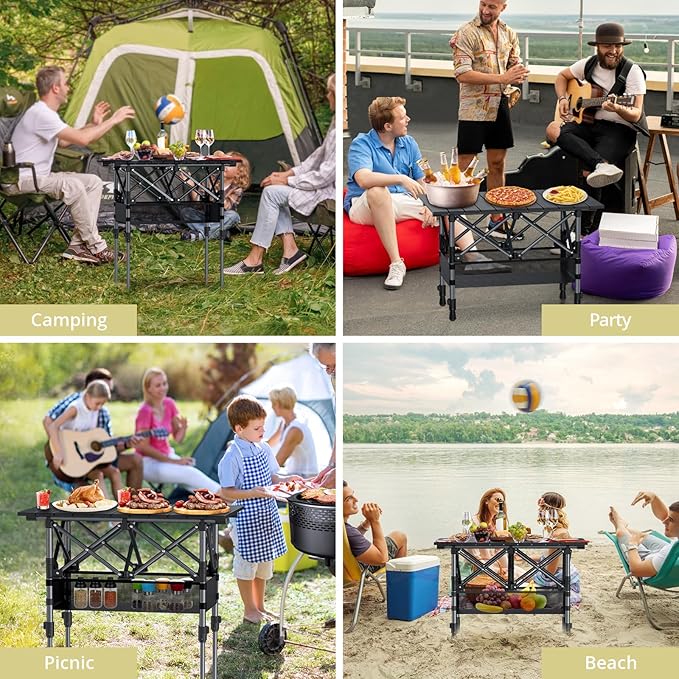 Anbte 2ft Small Roll Up Camping Table 2 Adjustable Height Aluminum Portable Camping Table with Storage Net &amp Bag Lightweight Waterproof Folding Table for Indoor Outdoor BBQ Picnic 25” X 16” Bl
