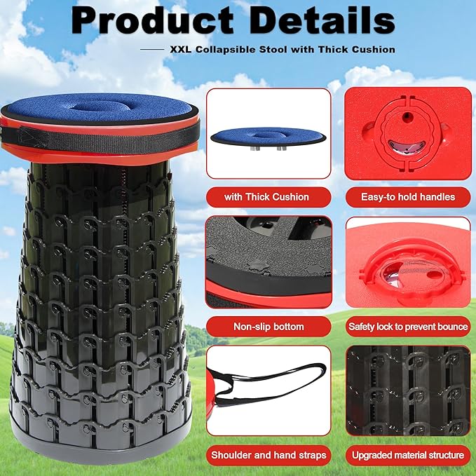 ALEVMOOM 2026 Upgraded XXL 19.7 Collapsible Stool with Cushion 1000lbs Max Weight Heavy Duty Portable Telescoping Stool Retractable Seat Folding Chair for Camping Fishing Hiking(Red-XXL)