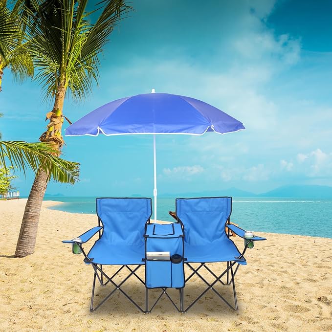 Outvita Folding Double Camping Chair w/Umbrella Beverage Holder Carrying Bag Cooler Fold Up Table Large Bearing Capacity for Beach Patio Pool Park Outdoor Blue