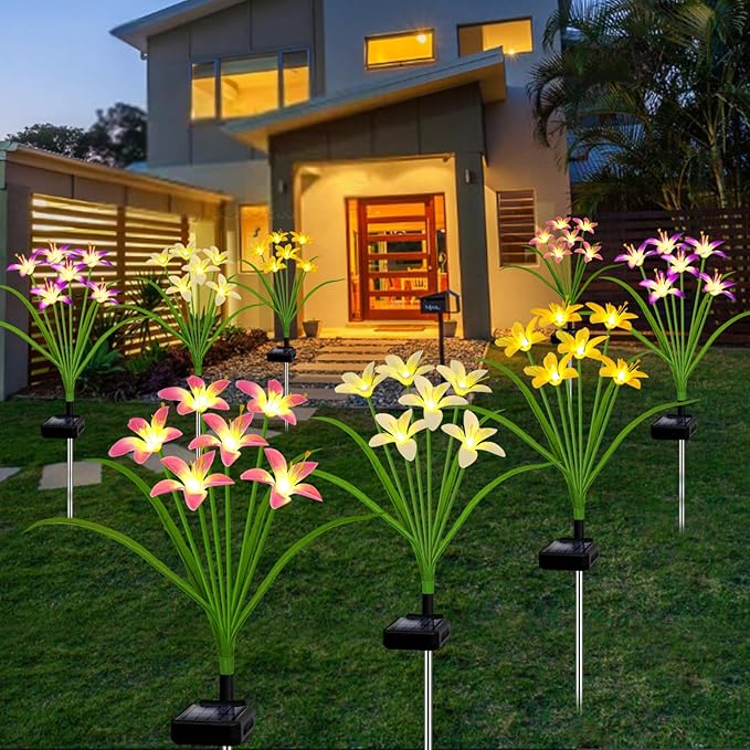 Solar Garden Lights New Upgraded Solar Wild Lily Flower Lights Yard Patio Pathway Deco High Flexibility Copper Wire &amp Handmade Silk Artificial Flowers Never Wither Gift for Family Friends